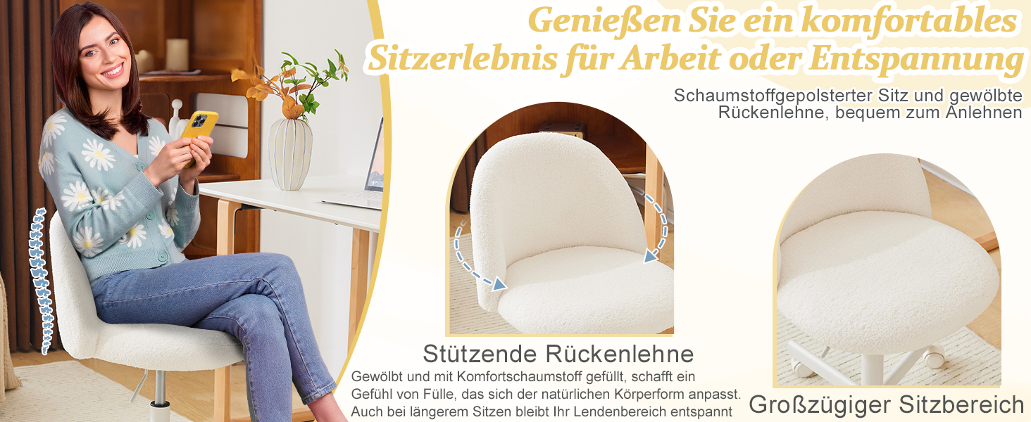 Офісне крісло Bonnlo з роликами, стілець для туалетного столика, регульований по висоті, для робочого кабінету, спальні, home office, з м'якої тканини Тедді, білий