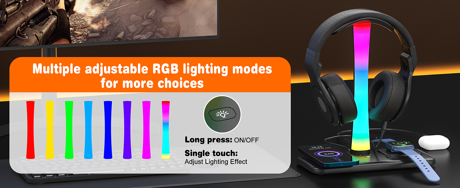 Підставка для навушників Jubor 3 в 1 RGB з бездротовим зарядним пристроєм 15W та 9 режимами підсвічування