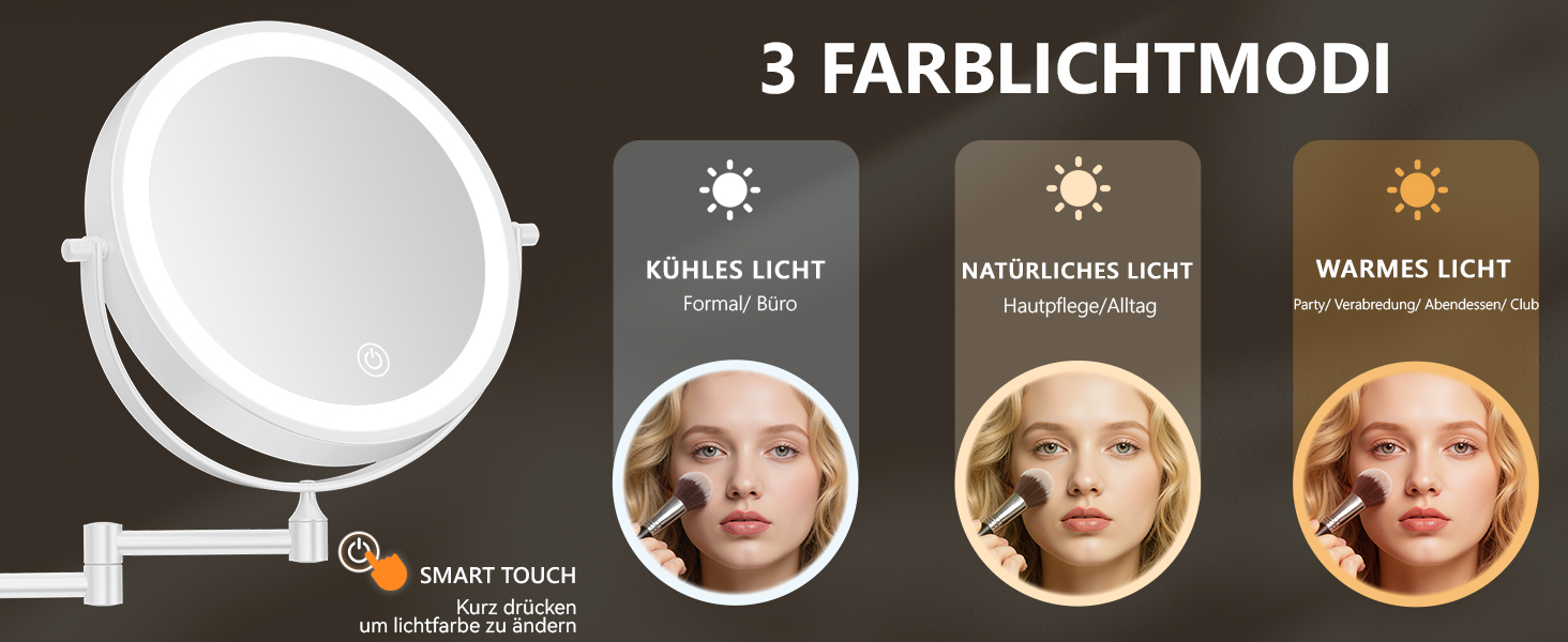 Дзеркало для макіяжу Auxmir з підсвічуванням, 1x, перезаряджуване, з підсвічуванням для гоління, настінне, з регулюванням яскравості, збільшувальне (30x), 3 кольори світла, поворотне на 360°, для ванної кімнати (білий)