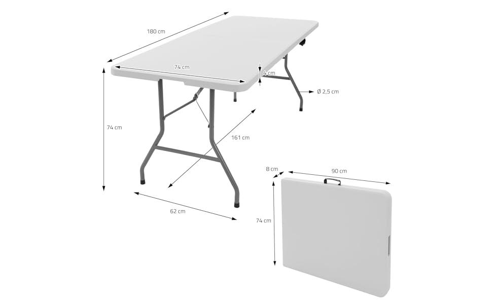 Стіл кемпінговий ML-Design складний 180x74 см пластиковий, розкладний стіл з ручкою для перенесення, відкидний стіл для садової тераси балкон, садовий стіл 6 персон, фуршет стіл для вечірок стіл валіза стіл блошиний ринок стіл (білий)