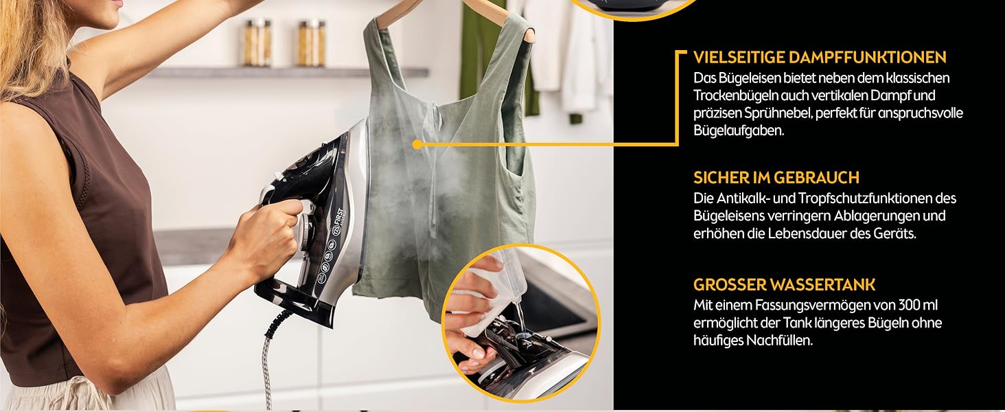 Пароочисник TZS First Austria I 2290-2720W | Керамічна підошва, Самоочищення, Вертикальний пар, Anti-Kalk, Сухе прасування, 0.3л резервуар, 1.2 кг | Чорний/Білий