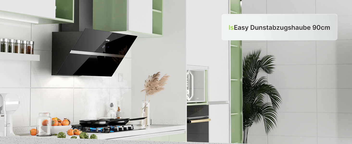 Витяжка кухонна IsEasy 60 см, чорна, потужність 578 м³/год, 4 рівні швидкості, режим рециркуляції та відведення повітря, таймер вимкнення, клас енергоефективності A++