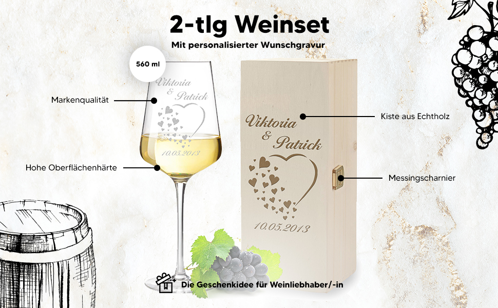 Келих для вина 560 мл з індивідуальним гравіюванням мотиву серця - іменний кришталевий келих в т.ч. дерев'яна коробка