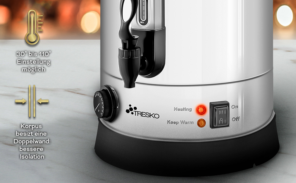 ТRESKO® Електричний казанок для глінтвейну на 30 літрів з нержавіючої сталі, 2500W, автомати для гарячих напоїв, нагрівач води