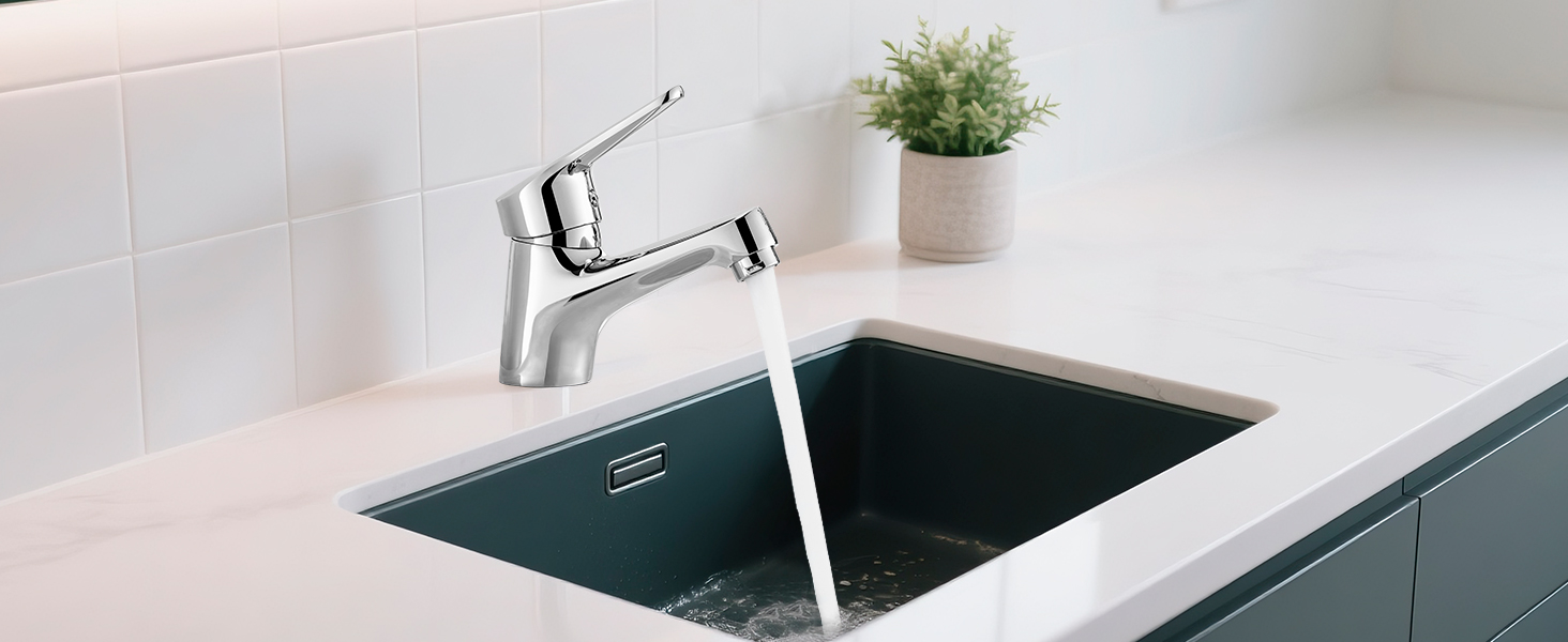 Змішувач для умивальника Ibergrif M11050 з одним важелем, високий (60 мм), хром, без підйомника, керамічна картридж, без крапель, водозберігаючий, 3/8″ з'єднання