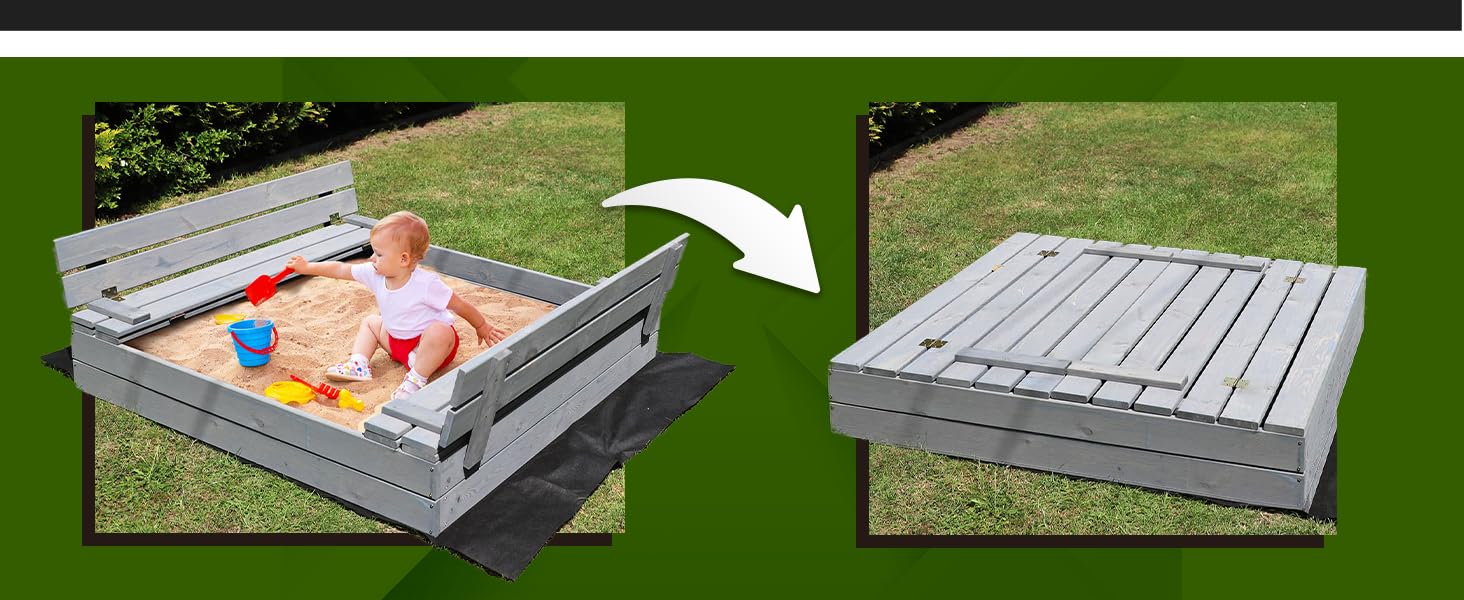 Пісочниця KOTARBAU® з кришкою, 120x120 см, дерево, сіра, з лавками