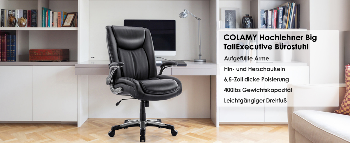 Офісне крісло COLAMY XXL - чорне, для дому та офісу, витримує до 181 кг, з регульованими підлокітниками та синхронним механізмом