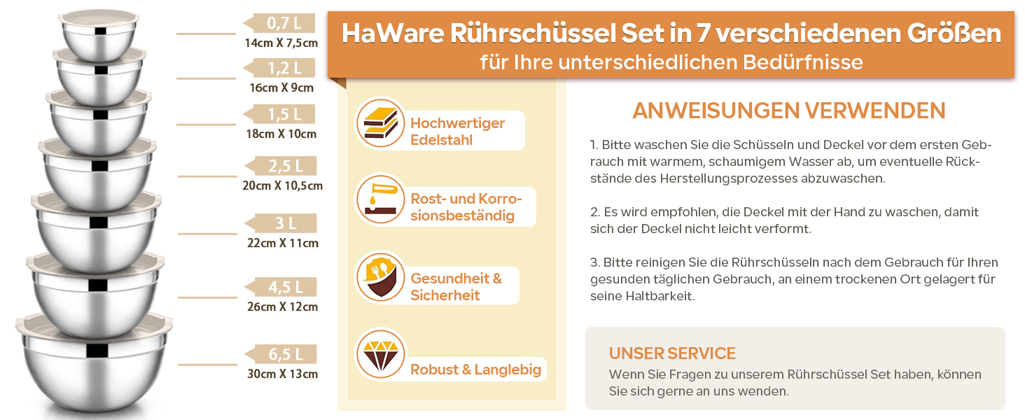 Набір мисок HaWare 7 шт. з нержавіючої сталі з кришками, 6.5/4.5/3/2.5/1.5/1.2/0.7L, для приготування, випікання, салатів, миття в посудомийній машині, Khaki/Нержавіюча сталь