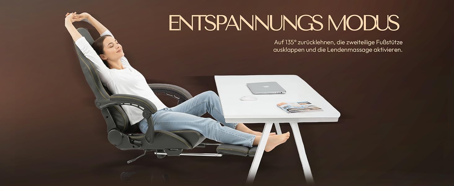 Ігрове крісло Dowinx з підніжкою, масажером попереку та офісним комфортом, до 200 кг, регулювання спинки 165°, сірий