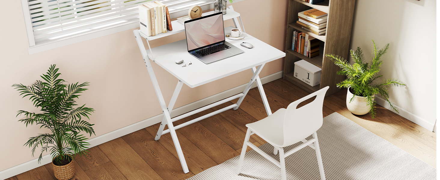 Складний стіл Yaheetech 80 см для комп'ютера з полицею, двоступінчастий робочий стіл з підставкою для монітора, стіл для ноутбука для дому/невеликих кімнат/вітальні, білий, 80 см x 50 см, 86.5x60.5x90 см