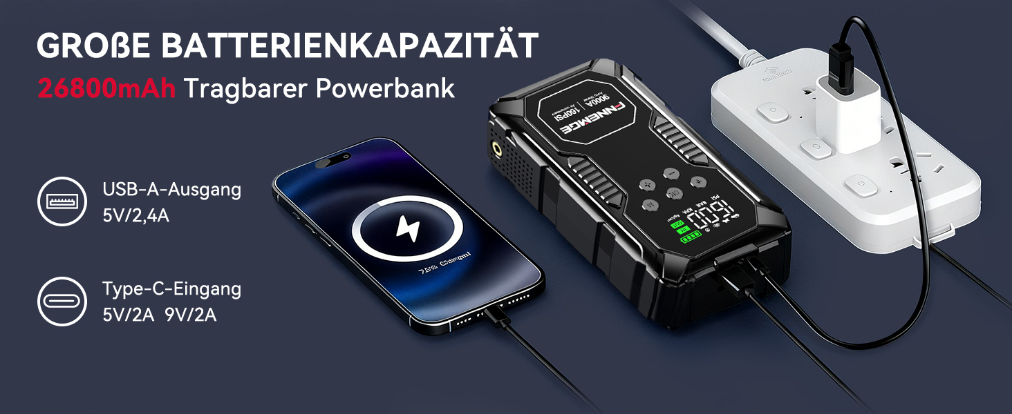 Пусковий пристрій (бустер) FNNEMGE 26800mAh 9000A з компресором 160PSI для авто 12V (бензин та дизель до 12.0L), Powerbank з LCD-екраном та LED-ліхтарем