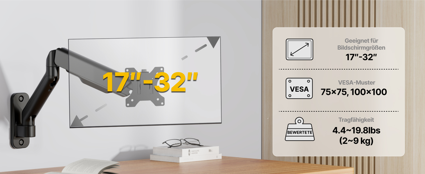 Кріплення для монітора monTEK: підходить для LED/LCD екранів 17-32 дюймів, до 9 кг, регульована висота, шарнірний, VESA 75/100