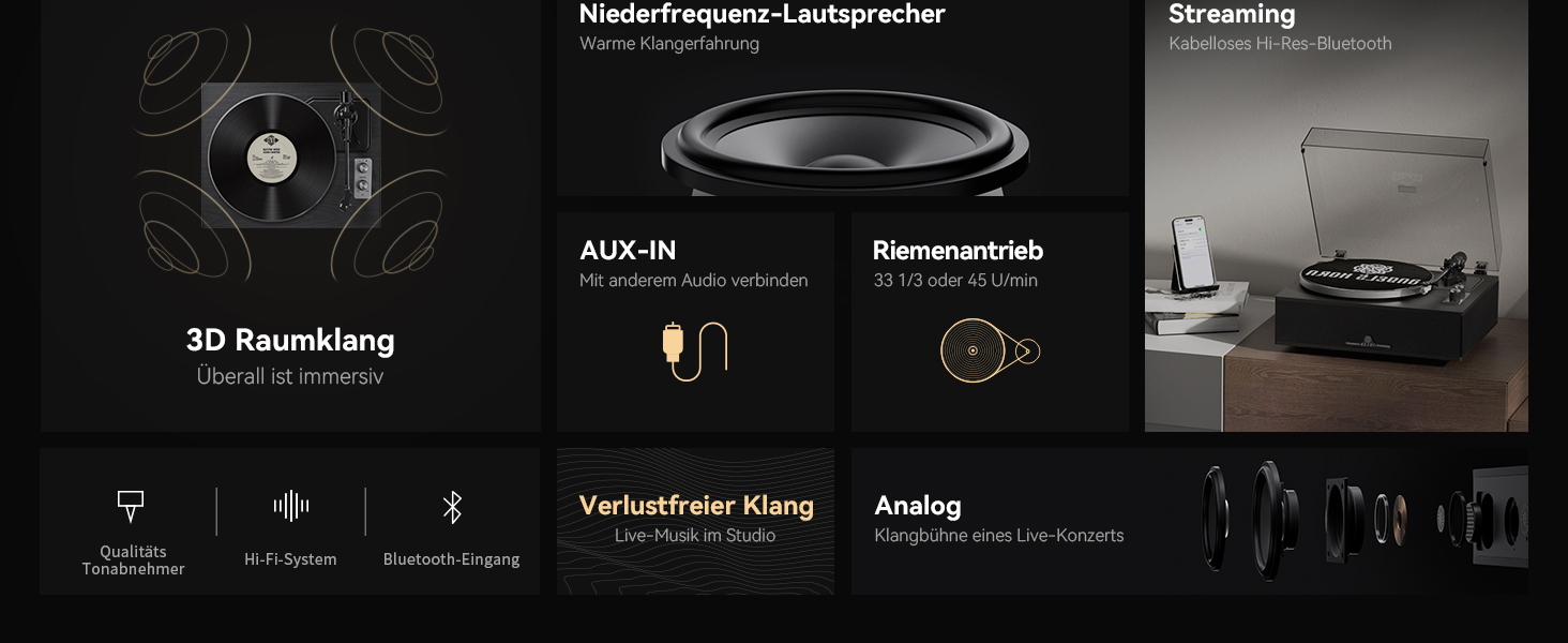 Вініловий програвач ANGELS HORN з Bluetooth, вбудованими колонками та фонокоректором, підтримка 33/45 об/хв, голка AT-3600L, чорний