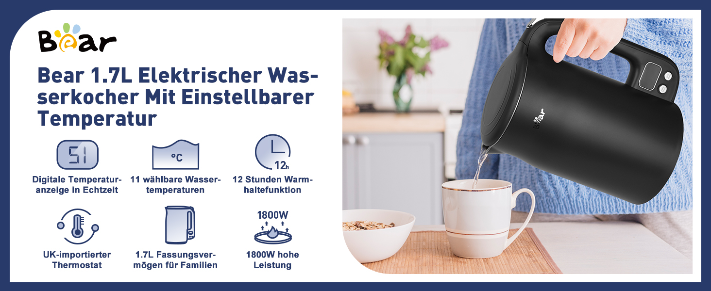 Електричний чайник Bear 1.7L з нержавіючої сталі 304, 11 температурних режимів, 1800W, захист від сухого кипіння, LCD дисплей, точне регулювання температури (40°C-100°C), BPA Free