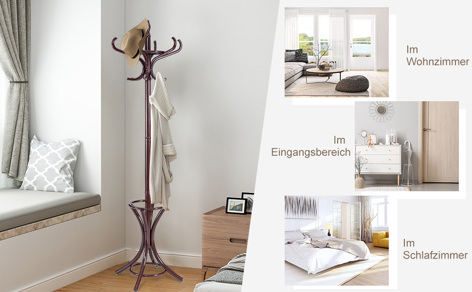 Стойка для одягу GIANTEX з підставкою для парасольки, дерев'яна, 12 гачків, для прихожей/вітальні (чорна)