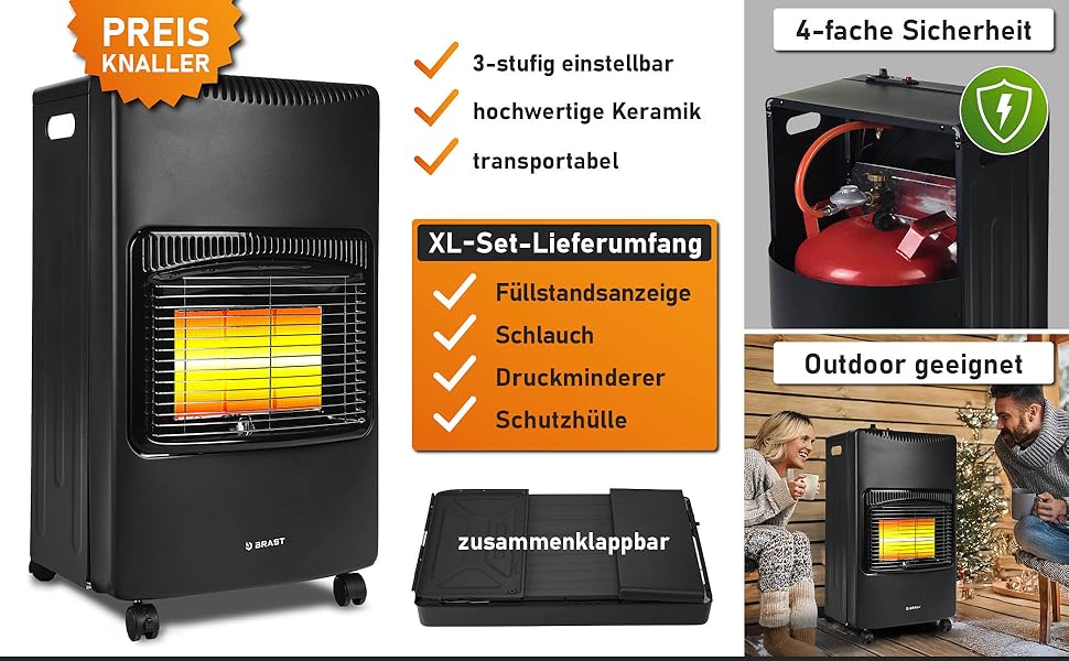 Газовий нагрівач BRAST Vulkan 4200W з керамічним нагрівачем | 3 режими нагріву | з захисним кожухом, редуктором, шлангом та індикатором рівня газу | складний та мобільний | для балонів до 15кг | газовий нагрівач, обігрівач, нагрівальний прилад