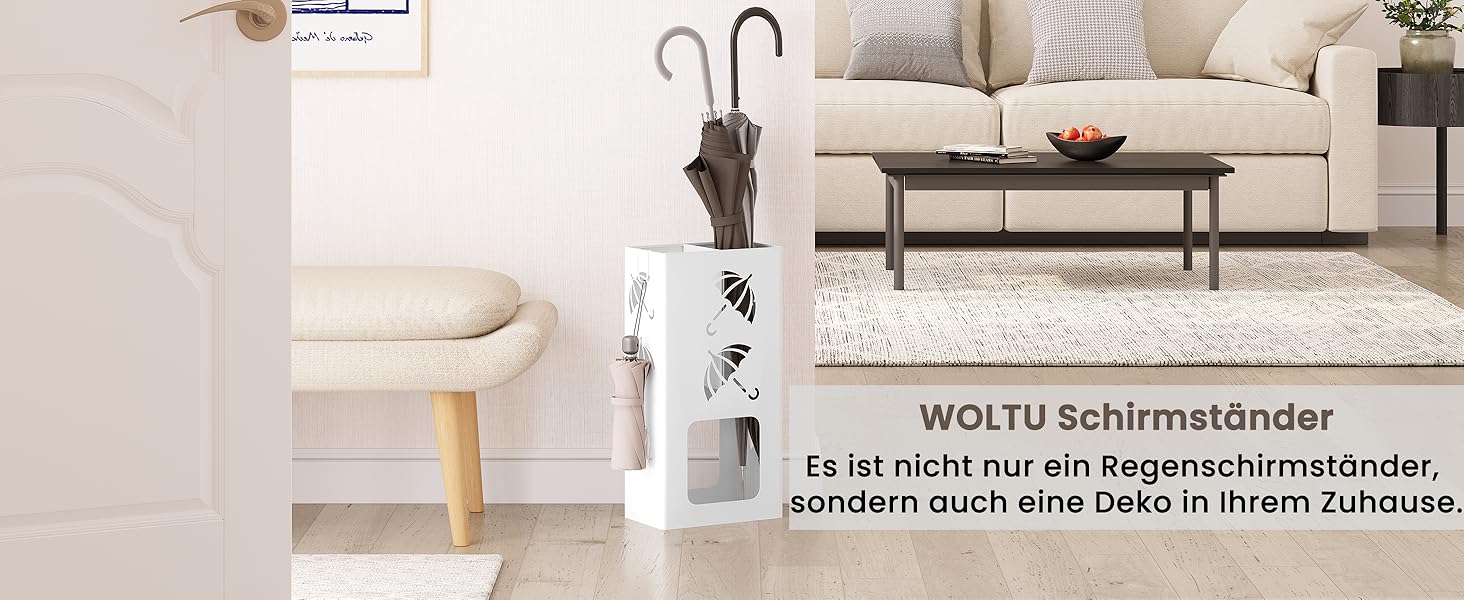 Підставка для парасоль під WOLTU, 2 слоти, з 4 гачками, металева, біла, 25x49x15 см