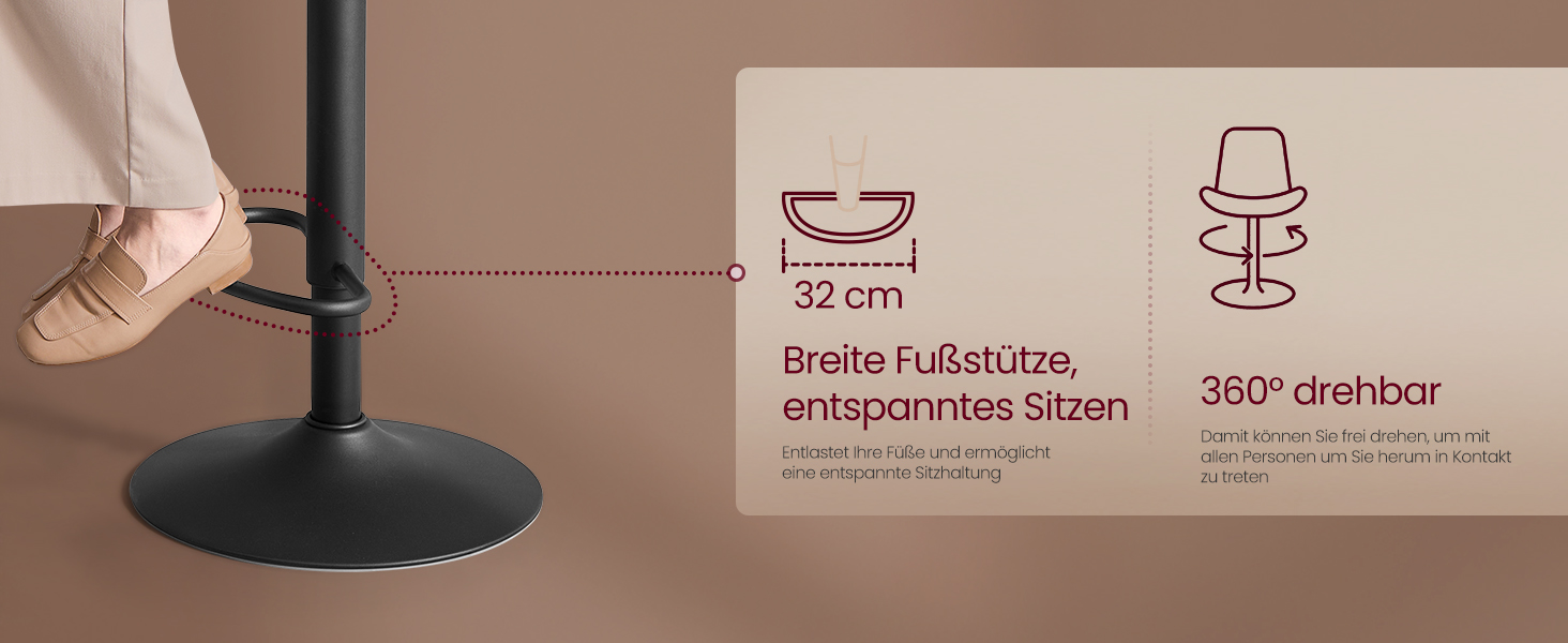 Барні стільці VASAGLE 2 шт. регульовані по висоті, обертаються, зі спинкою та підставкою для ніг, для кухні, їдальні, бару, сталь, LJB195G02 (Чорний, Велюр)