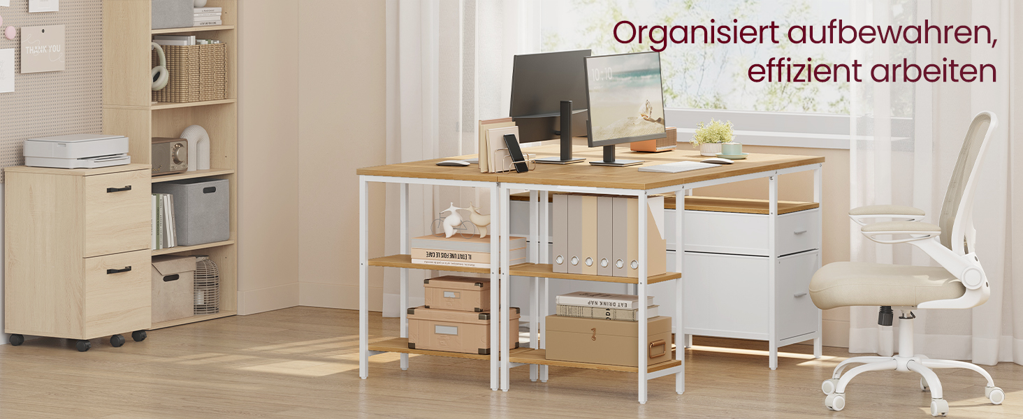 Комп'ютерний стіл VASAGLE з 3 полицями та 2 ящиками, 140 x 60 x 76 см, для офісу та вітальні, сучасний стиль, колір: natureichenfarben + perlweiß
