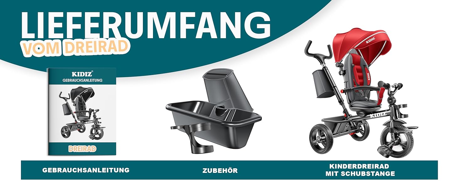 Триколісний велосипед KIDIZ 6-в-1 для малюків від 9 місяців до 25 кг: з ручкою, кошиком, сонцезахисним дахом, червоний