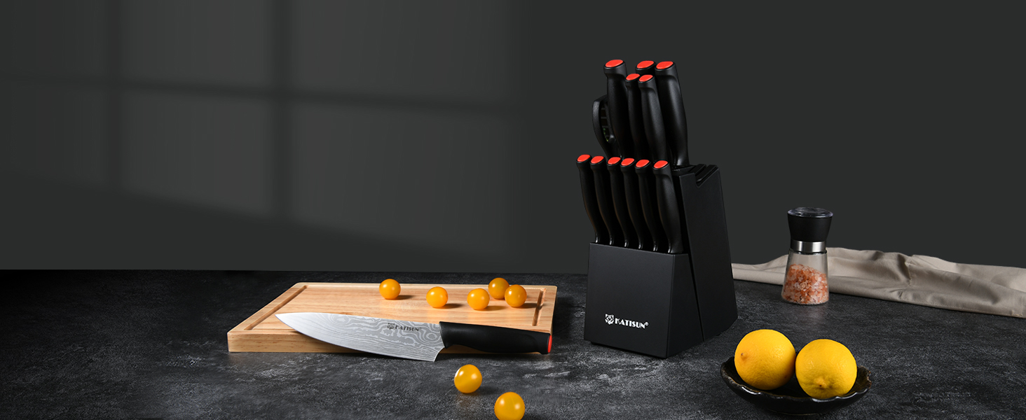 Набір кухонних ножів Katisun 16 шт. з підставкою, точилка, дощечка та ножиці. Японська сталь, чорний колір.