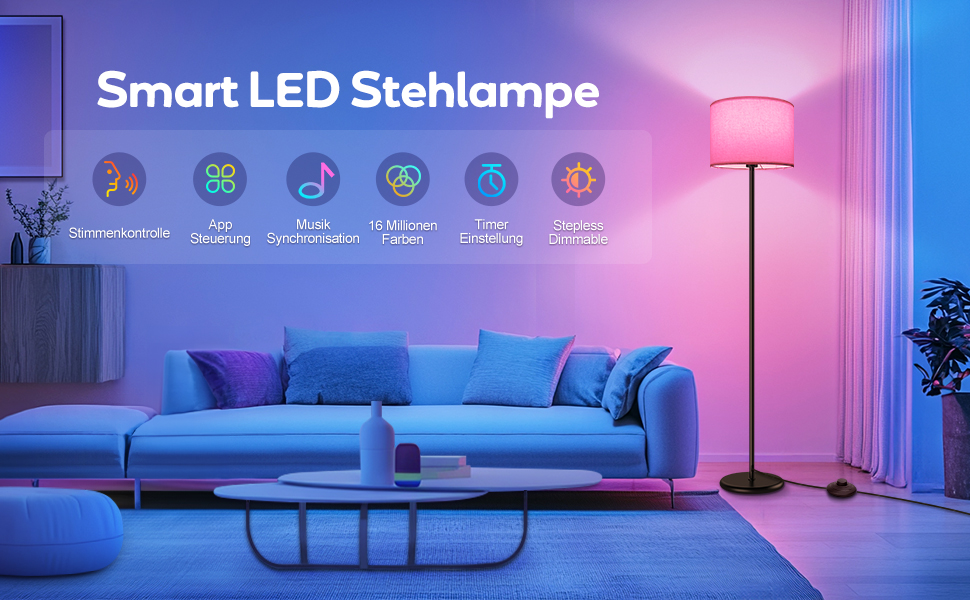 LED торшер димований RGB 156 см для вітальні, управління через додаток, сумісний з Alexa/Google Assistant, 16 млн кольорів, DIY-режим, музичний режим, WiFi лампа E27