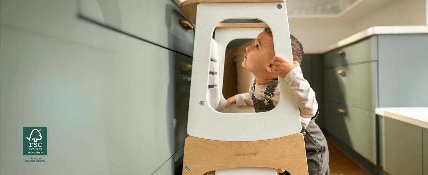 Дитяча Montessori-драбинка Maxi-Cosi Toucan 3-в-1 з дерева: помічник (лернтурм), стілець та стіл з інтегрованою дошкою, FSC-сертифікована натуральна деревина, навантаження до 150 кг