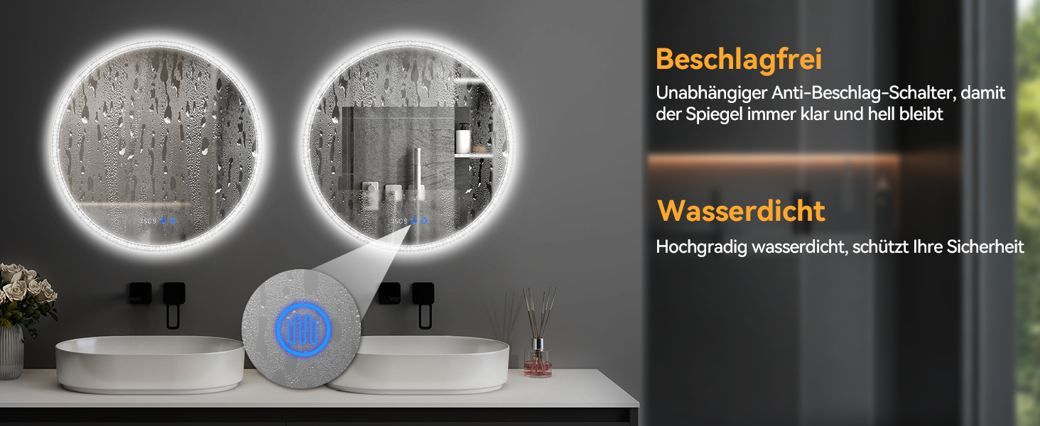 Дзеркало для ванної кімнати YOURLITE з підсвічуванням, діаметр 60 см, LED, 3 кольори, регулювання яскравості, сенсорна кнопка, антизапар, пам'ять, IP44, срібний