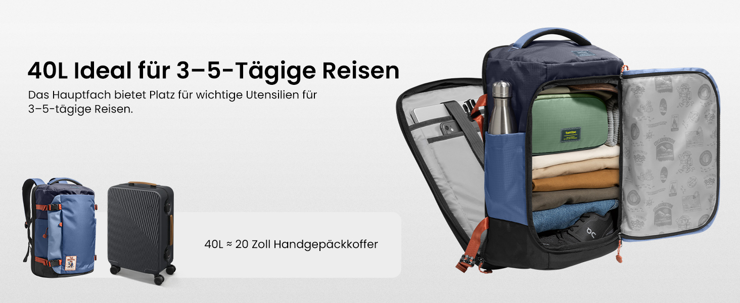 Дорожній рюкзак tomtoc 28L/40L для подорожей та літака, TSA-сумісний рюкзак для ручної поклажі (Coastal Blue-ripstop)