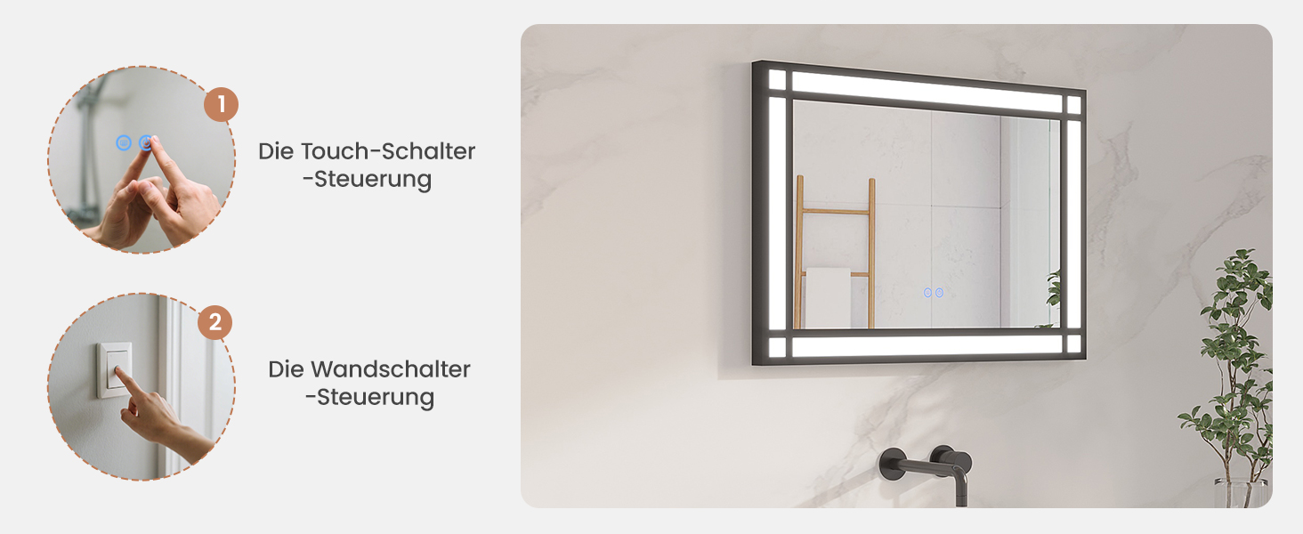 Дзеркало для ванної кімнати AQUABATOS LED з підсвічуванням 50x70 см, імітація вікна, сенсорне регулювання, антизапар, чорний алюмінієвий каркас, індустріальний стиль