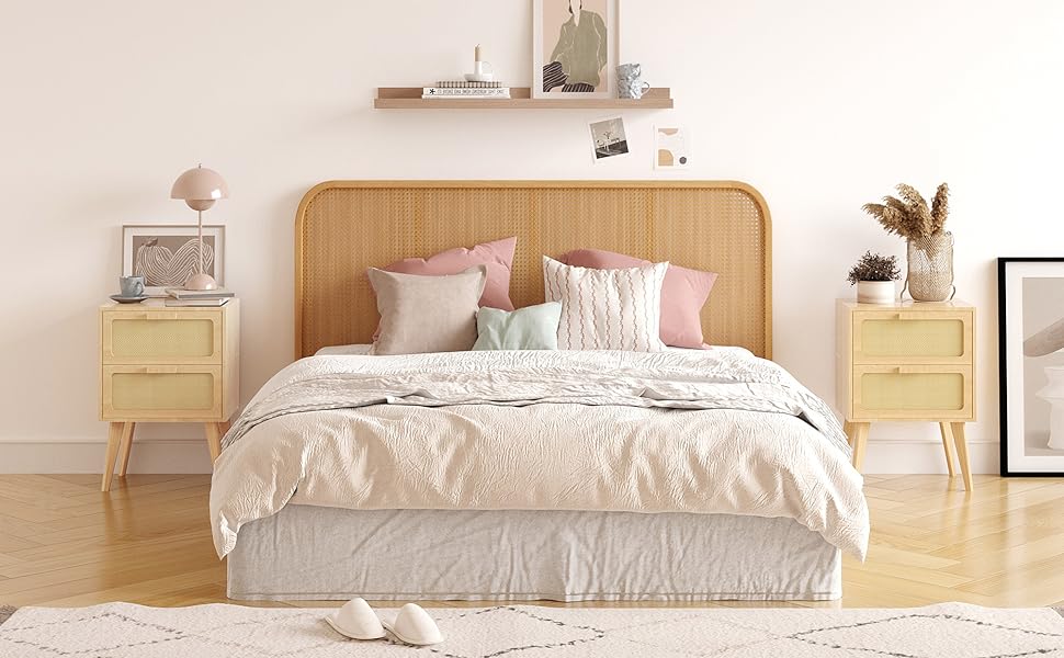 Приліжкова тумбочка з ротангу, дерев'яна з 2 висувними ящиками, декорована ручною роботою з ротангу, бохо-стиль, тумбочка для вітальні/спальні з місцем для зберігання, DECTG59Y