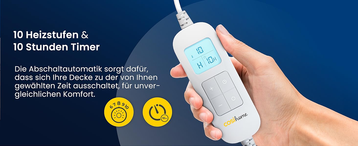 Електрична ковдра Cosi Home 180x130 см з регулюванням температури, таймером та захистом від перегріву. Зручна флісова ковдра з 10 рівнями нагріву та дистанційним керуванням. Колір: кремовий.