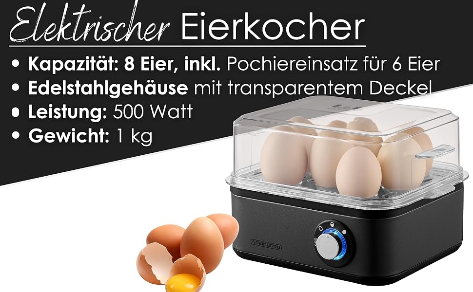 Електричний яйцеварка на 1-8 яєць з підігрівом, з нержавіючої сталі, 500 Вт, 3 ступені нагріву, без BPA, придатний для миття в посудомийній машині, LED-перемикач, міцний та довговічний