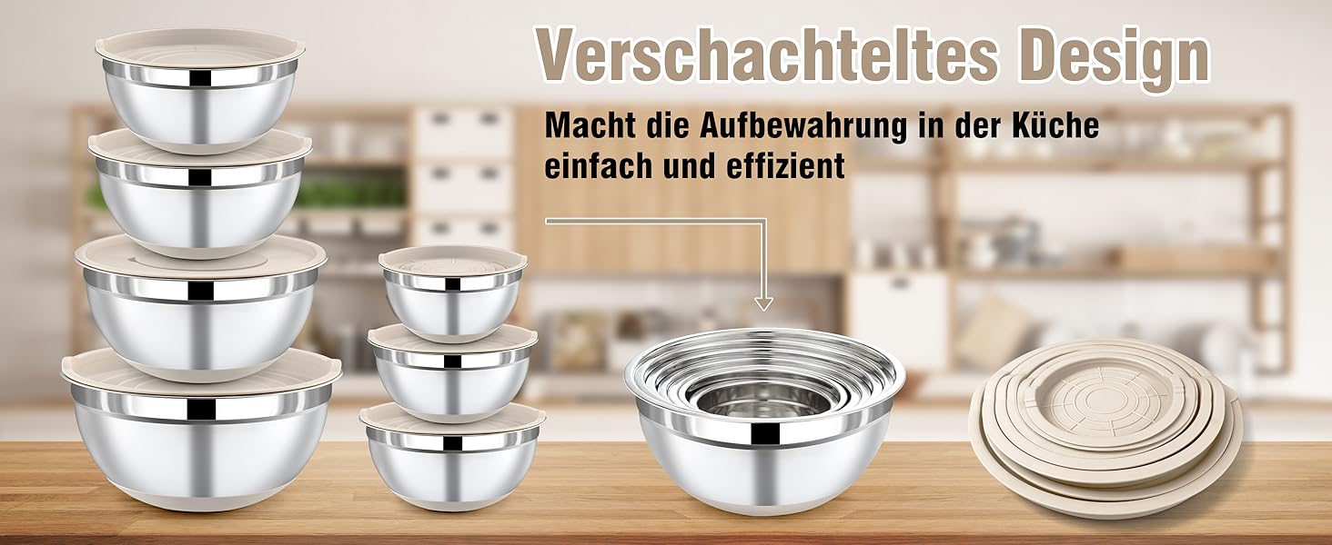 Набір місок для перемішування BEWOS 7 шт. з кришкою, нержавіюча сталь, з терткою, вкладна конструкція, розміри 0.5, 1, 1.4, 1.85, 2.35, 3.2, 4 л для змішування та подачі