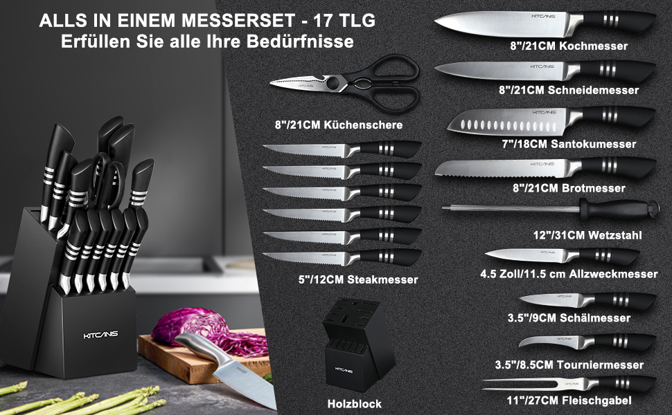Набір кухонних ножів Kitkanis 17 предметів з бруском, професійний, з нержавіючої сталі, з кухонними ножицями та точильним бруском, з масивного дерева