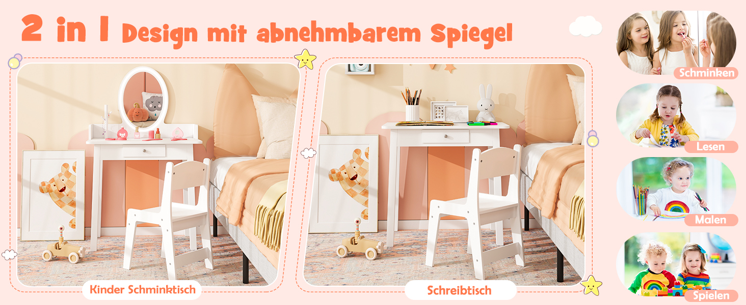 Дитячий туалетний столик DREAMADE з LED-дзеркалом та ніжками з бука, принцесовий туалетний столик з шухлядою та стійкою для прикрас, дитячий туалетний столик з пуфом для дівчаток (Рожевий)