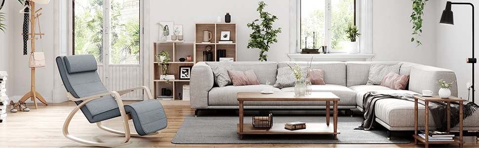 Крісло-гойдалка SONGMICS з підставкою для ніг, білий та темно-сірий, максимальне навантаження 150 кг, для спальні/вітальні