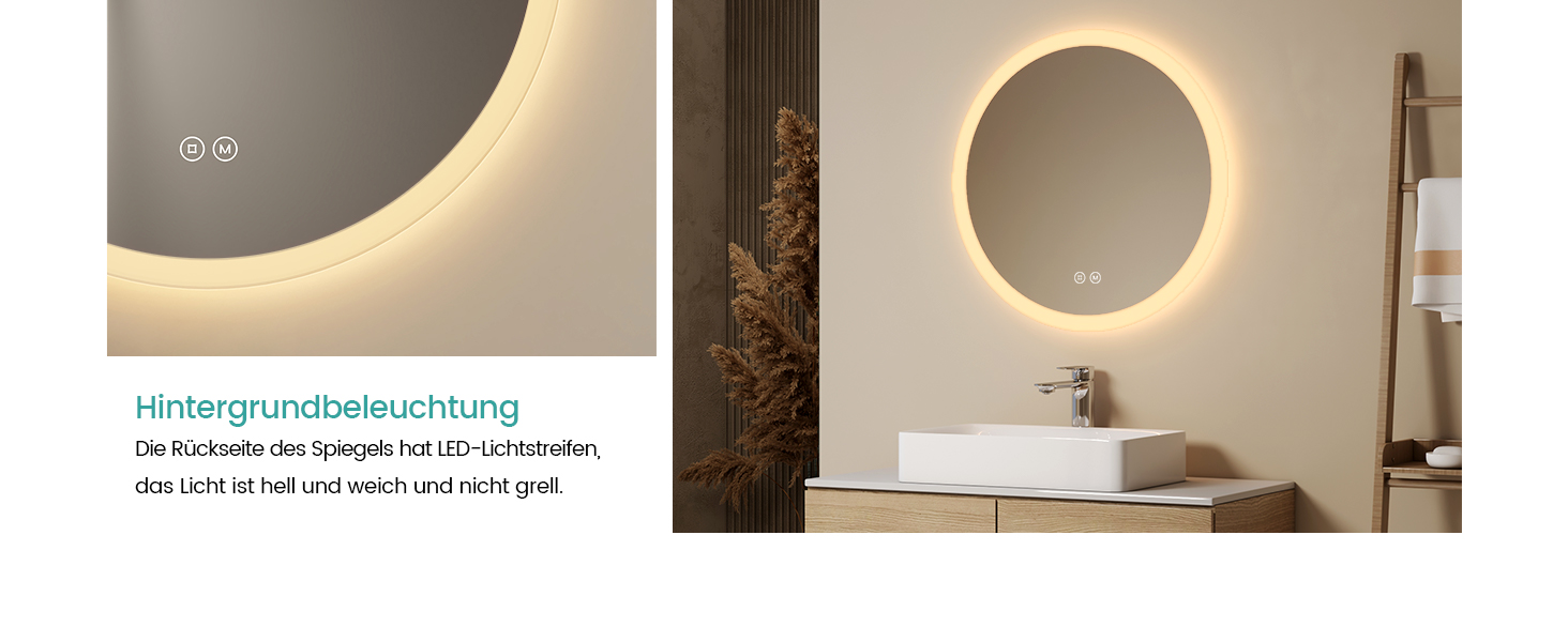 Дзеркало для ванної кімнати EMKE з підсвічуванням, 50 см, кругле, з регулюванням яскравості, 3 кольори світла, антизапарник, сенсорне управління, пам'ять налаштувань, матовий край, 50x50 см