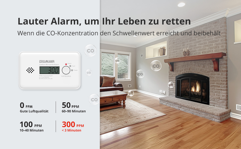 Датчик вуглекислого газу (CO) з LCD дисплеєм, 10 років роботи батареї, сертифікат TÜV, бездротовий