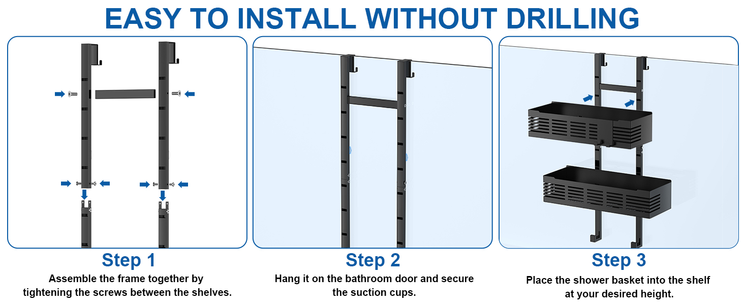 Настінна поличка для душу без свердління, чорна, для скляних душових кабін, регульована висота, 3 гачки для шампуню та гелю для душу