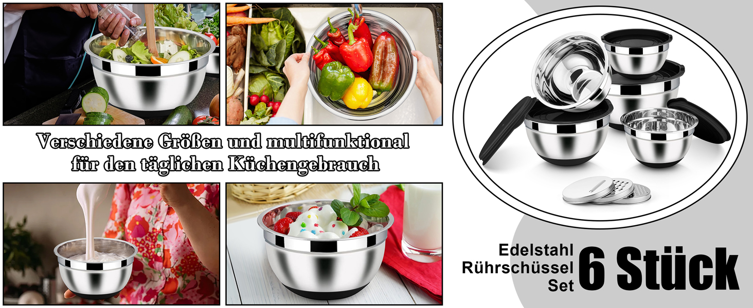 Набір місок Homikit з нержавіючої сталі, 6 шт. з тертками, кришкою та силіконовим дном, 4.6/2.8/2.5/1.6/1.2/0.7 л, чорний