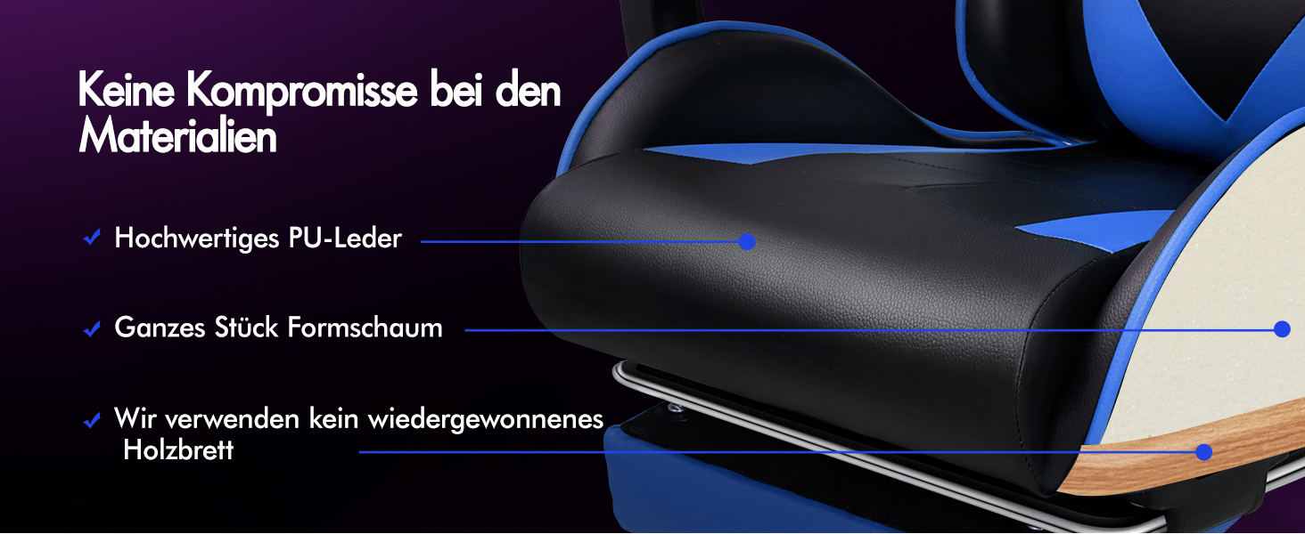 Ігровий крісло Alfordson з підніжкою, масажем, регулюванням на 150° та PU-шкірою. Макс. вага 180 кг, серія Eryx (Чорний/Синій)