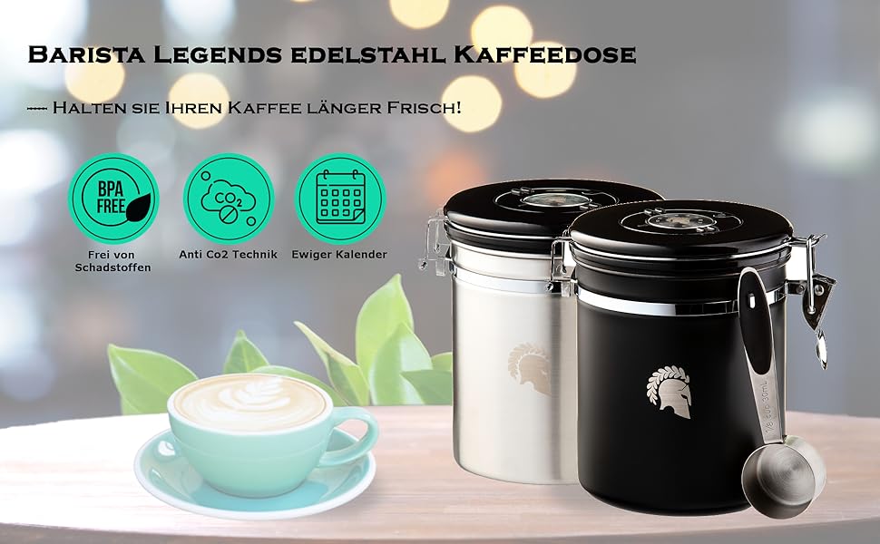 Баночка для кави Barista Legends герметична ємність для кавових зерен 500 г Контейнер для збереження аромату вашої кави - баночка для зберігання з нержавіючої сталі з вічним календарем. (Срібло)