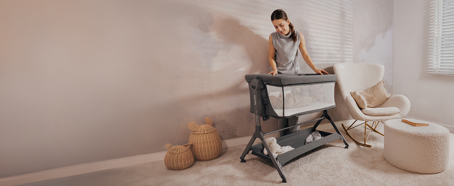 Дитяче ліжко Lionelo Leonie Plus 3 в 1: ліжко, коліска, ліжко-приліжко з регулюванням висоти, сітчасті стінки, знімною бічною панеллю та коліщатками з гальмом. Бежевий колір.