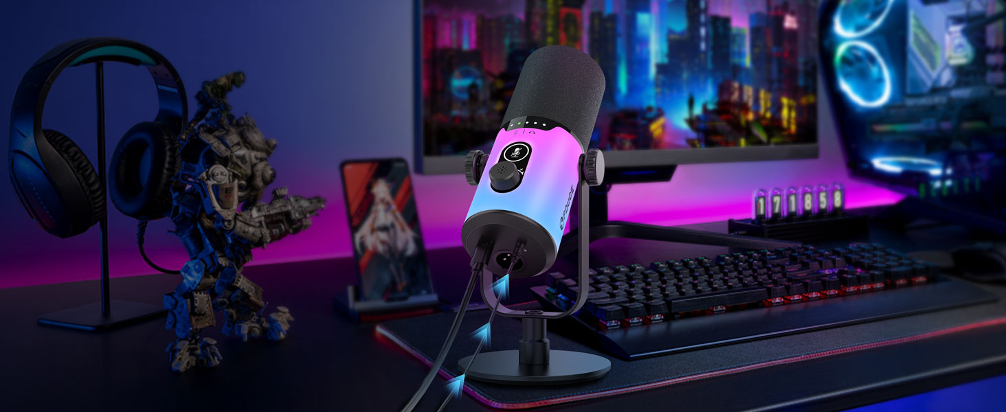 USB/XLR мікрофон для геймінгу та запису голосу FDUCE з RGB підсвічуванням, регулятором посилення та навушником.