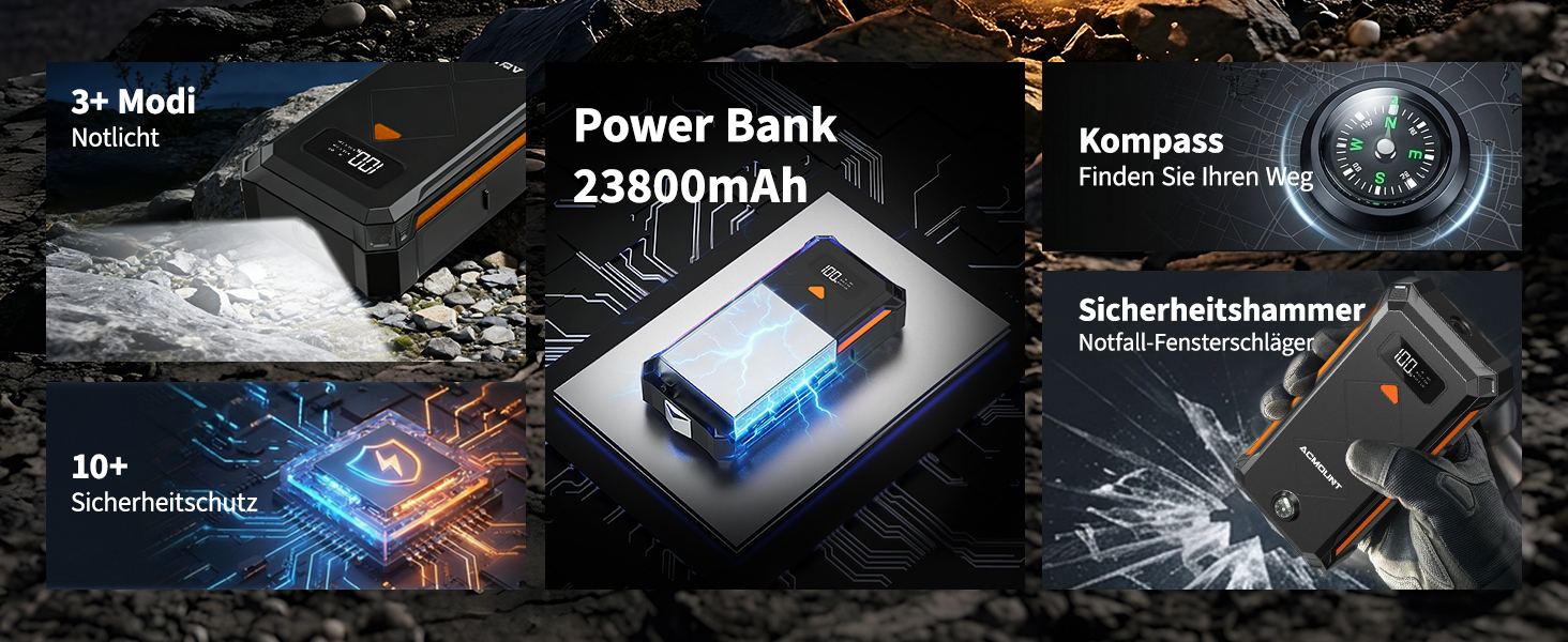 Бустерний пускач Acmount P110 7000A Powerbank для авто (12л бензин/10л дизель) з LED-ліхтарем, компасом та молотком для PKW, SUV, мотоциклів, газонокосарок, помаранчевий