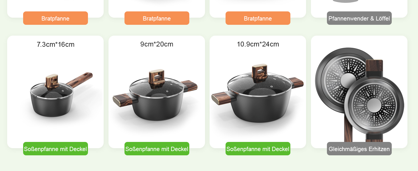 Набір каструль та сковорідок Topbooc 11 предметів: каструлі з нержавіючої сталі з кришкою 16/20/24 см, сковорода 20/28 см, глибока сковорода 24 см, антипригарне покриття, для індукційних плит, PFOA та PFOS-free, з алюмінію