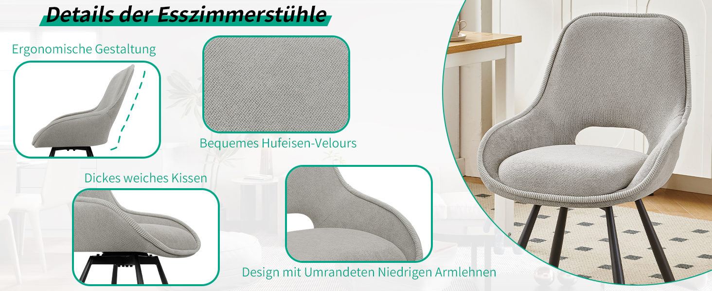 Набір обертових кухонних стільців 6 шт. з низькими підлокітниками, поворот 180°, автоматичне вирівнювання, для їдальні, кухні, комплект 6 шт. (Хакі, 4 шт.)