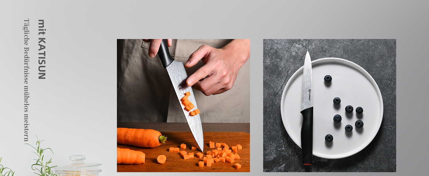 Набір кухонних ножів Katisun 16 шт. з підставкою, точилка, дощечка та ножиці. Японська сталь, чорний колір.