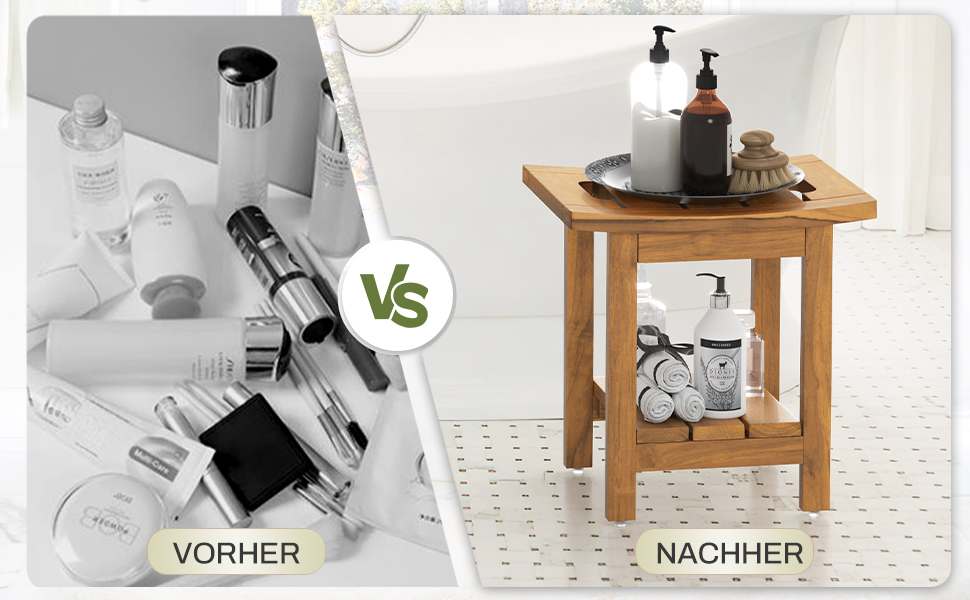 Дзеркало для ванної кімнати LUE BONA з масивного тикового дерева, квадратна лавка для ванної кімнати з дерева, водонепроникний стілець для душу, спа та ванної кімнати, 39.9×29.5×41.4см, (Натуральне тикове дерево)